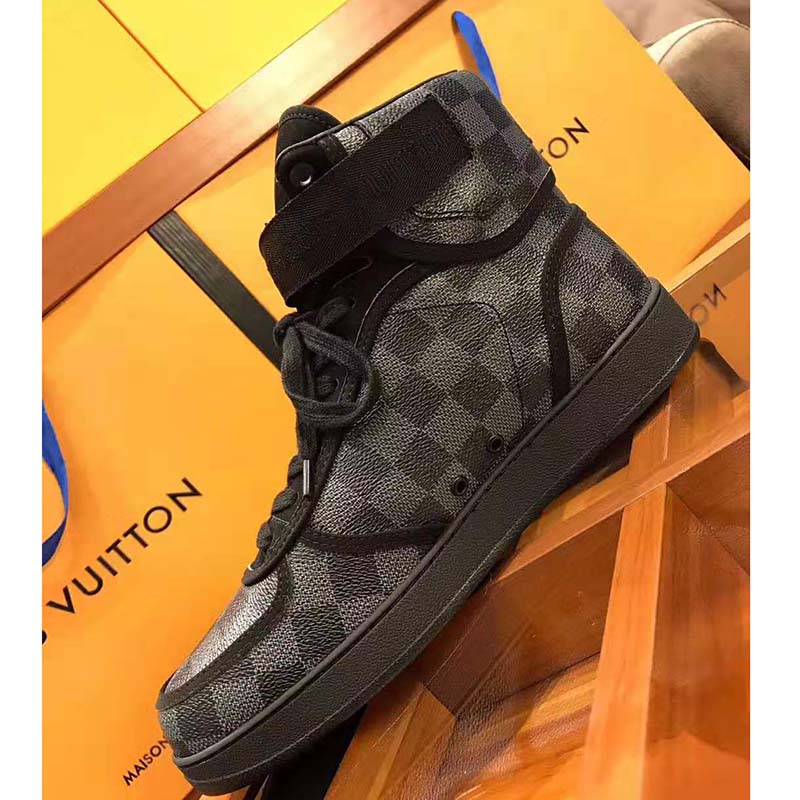 Louis Vuitton LV Men Rivoli Sneaker Boot Shoes in Iconic Damier Graphite Canvas-Grey