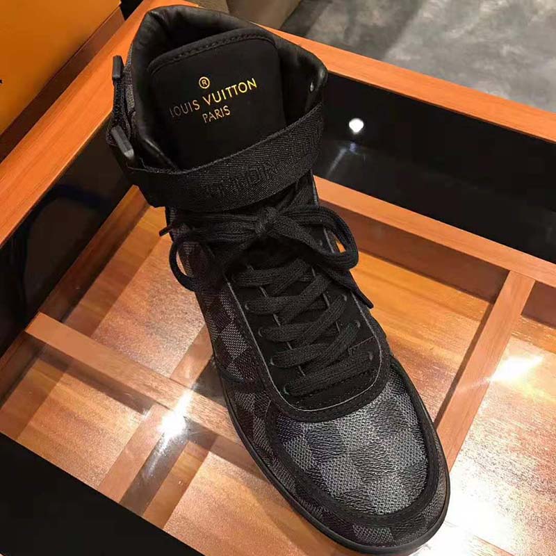 Louis Vuitton LV Men Rivoli Sneaker Boot Shoes in Iconic Damier Graphite Canvas-Grey