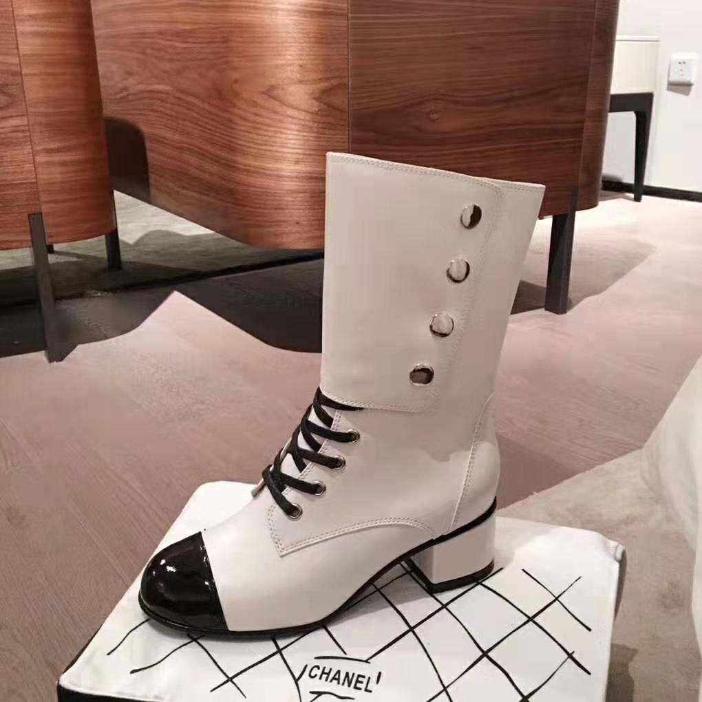 Chanel Women Ankle Boots Calfskin & Patent Calfskin 4.6 cm Heel-Beige