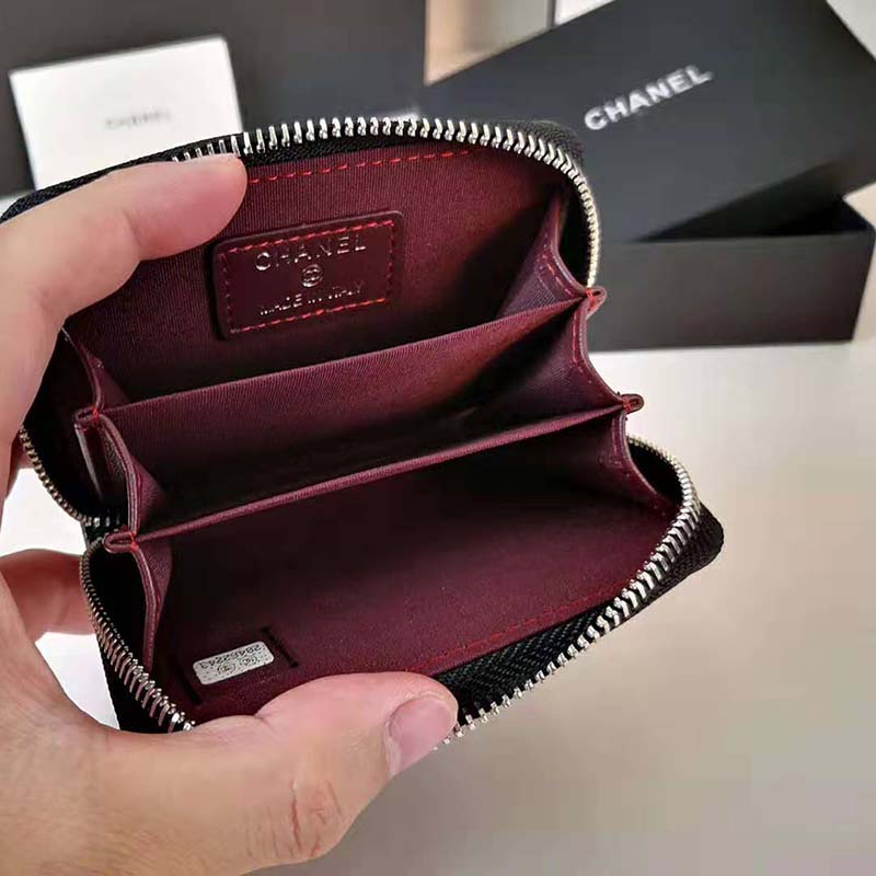 Chanel Women Classic Zipped Coin Purse in Grained Calfskin & Silver-Tone Metal-Black