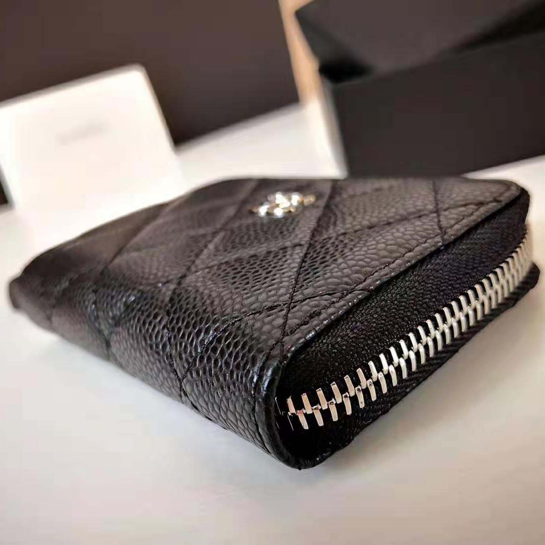 Chanel Women Classic Zipped Coin Purse in Grained Calfskin & Silver-Tone Metal-Black