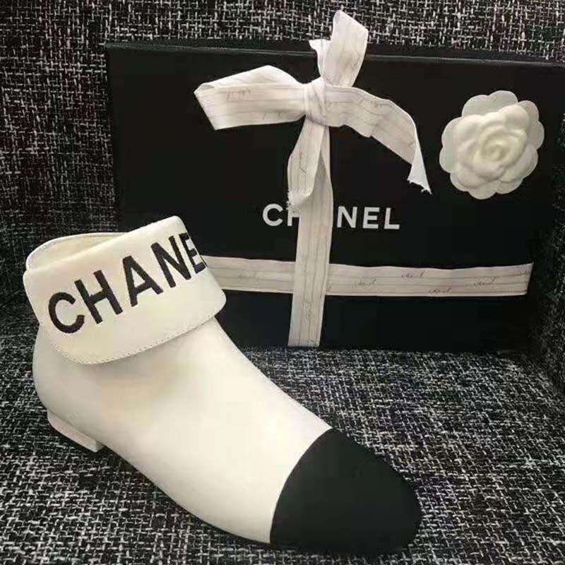 Chanel Women Loge Short Boots in Goat Leather & Faille-White