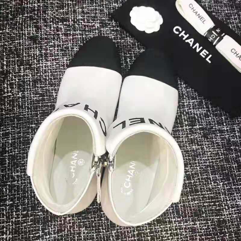 Chanel Women Loge Short Boots in Goat Leather & Faille-White