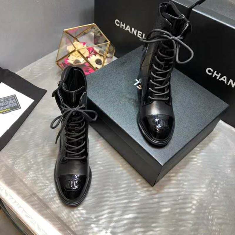 Chanel Women Patent Calfskin & Crumpled Calfskin Ankle Boots-Black
