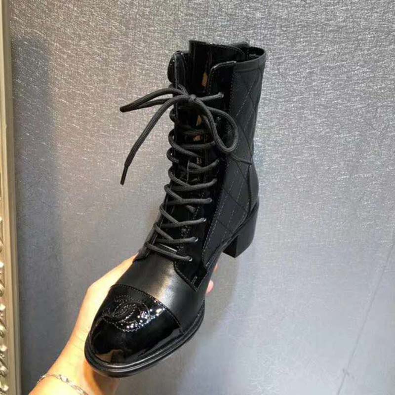 Chanel Women Patent Calfskin & Crumpled Calfskin Ankle Boots-Black