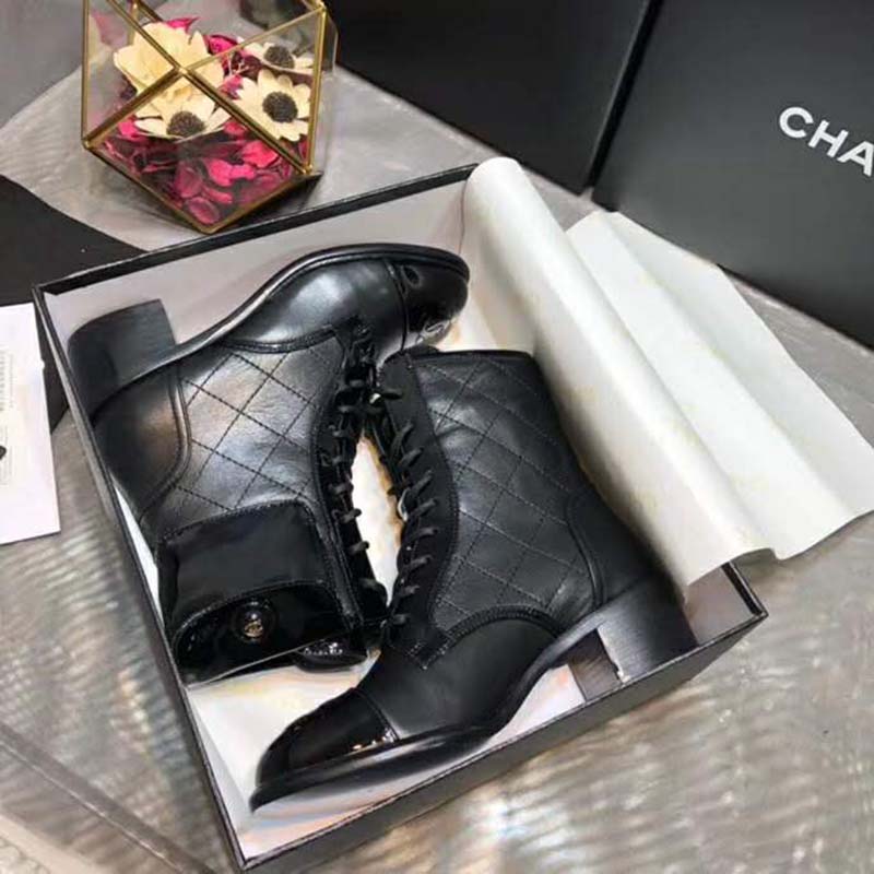 Chanel Women Patent Calfskin & Crumpled Calfskin Ankle Boots-Black