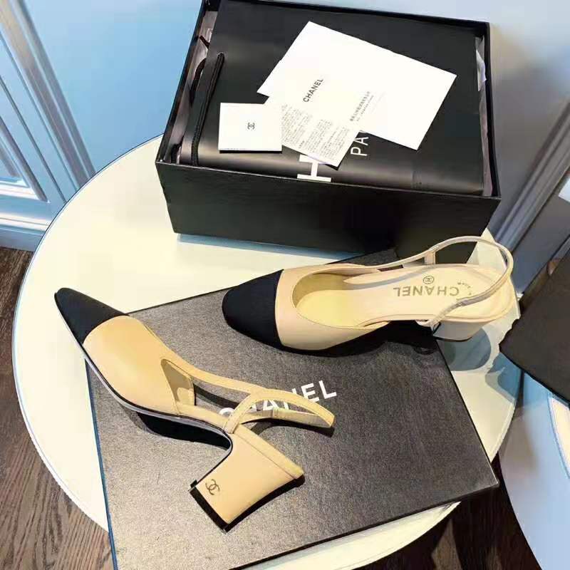 Chanel Women Slingbacks in Goatskin & Grosgrain 6.7 cm Heel-Sandy