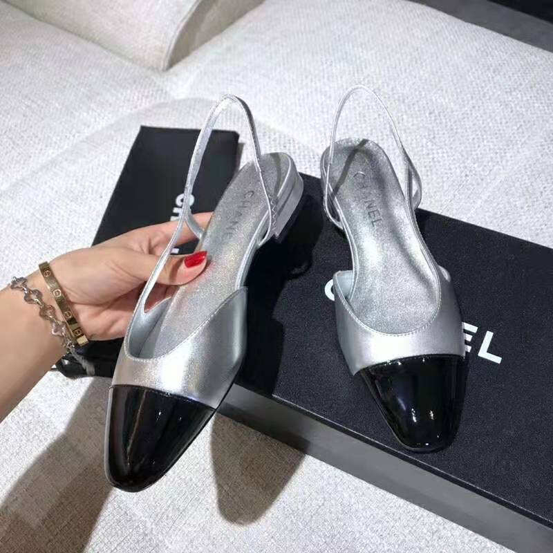 Chanel Women Slingbacks in Metallic Lambskin & Satin-Silver