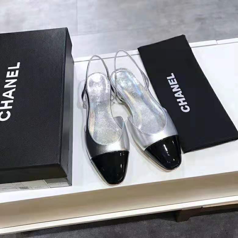 Chanel Women Slingbacks in Metallic Lambskin & Satin-Silver