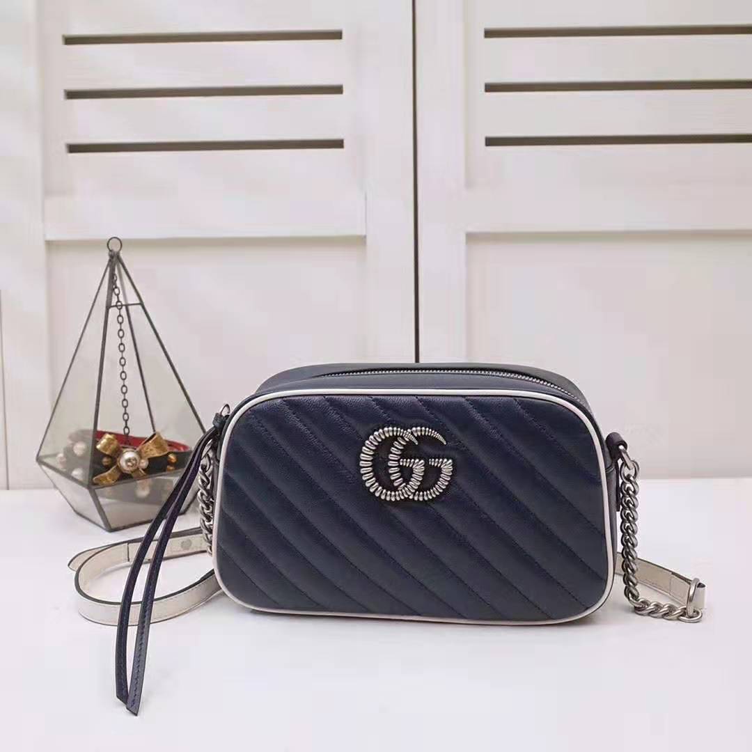 G*u*i gg women gg marmont matelassé shoulder bag in blue diagonal matelassé leather