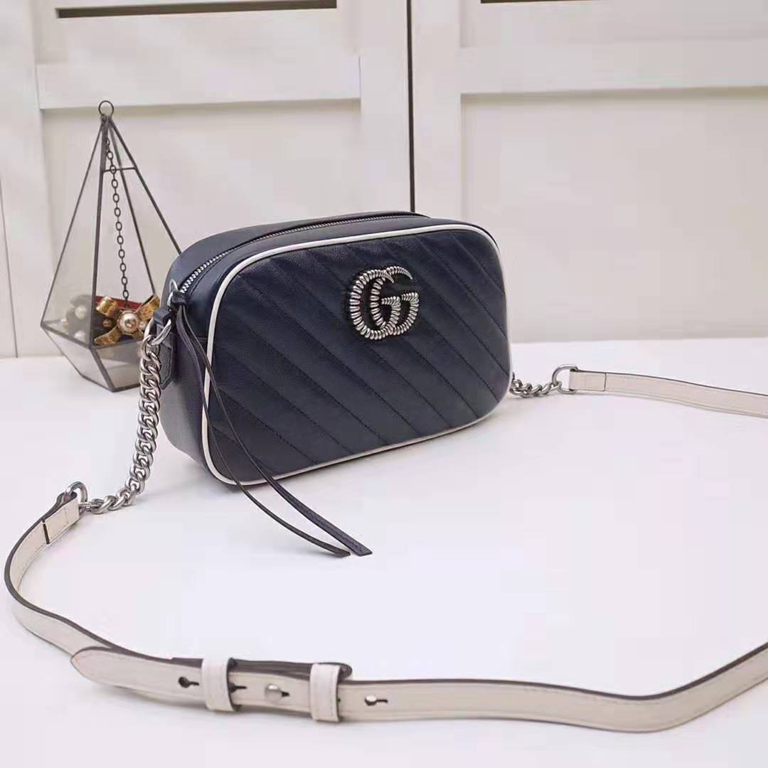 G*u*i gg women gg marmont matelassé shoulder bag in blue diagonal matelassé leather