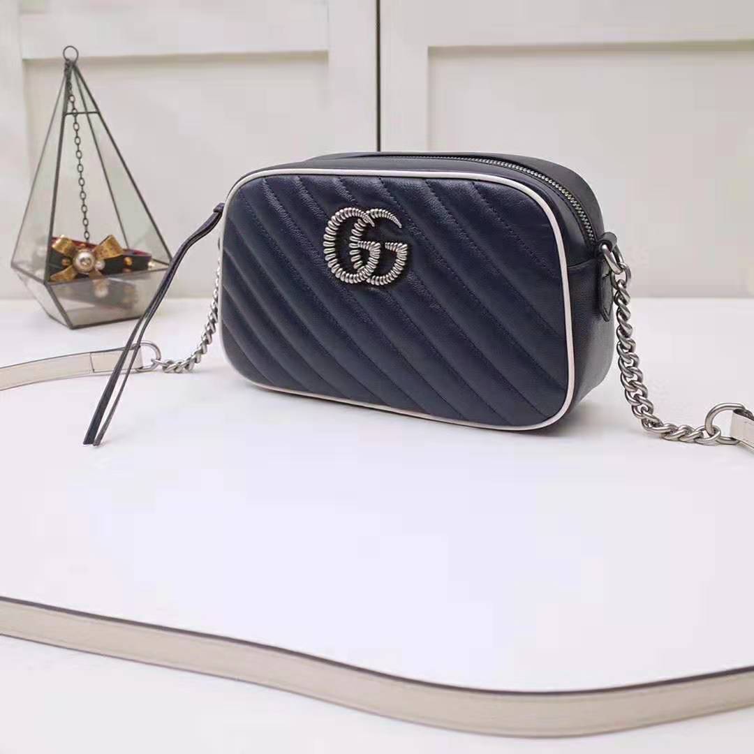 G*u*i gg women gg marmont matelassé shoulder bag in blue diagonal matelassé leather