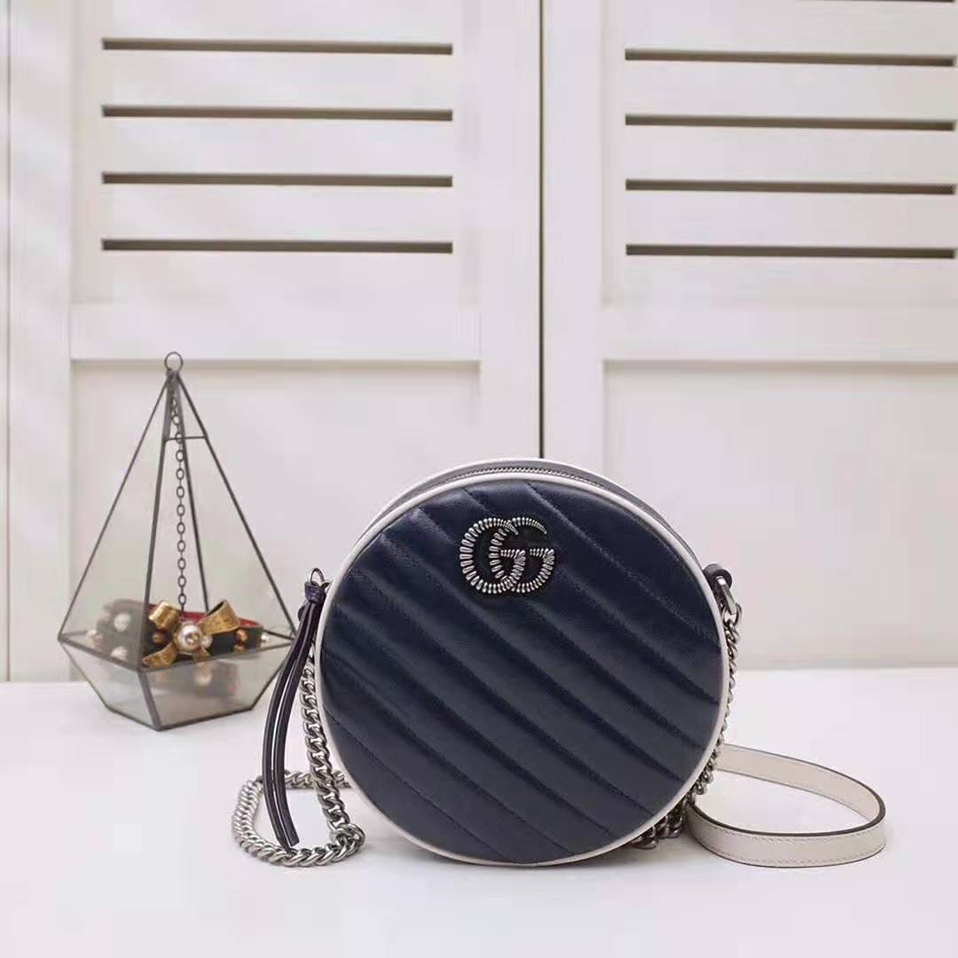 G*u*i gg women gg marmont mini round shoulder bag in blue diagonal matelassé leather
