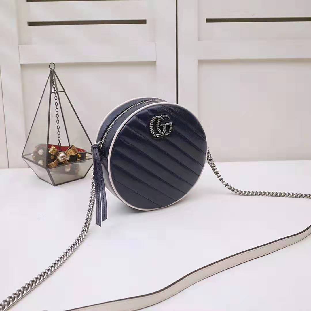 G*u*i gg women gg marmont mini round shoulder bag in blue diagonal matelassé leather