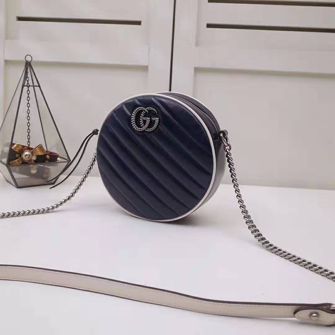 G*u*i gg women gg marmont mini round shoulder bag in blue diagonal matelassé leather
