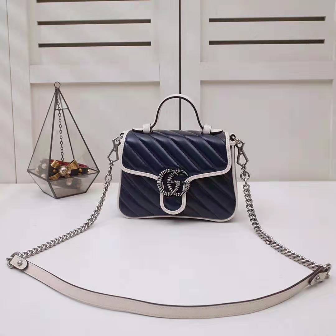 G*u*i gg women gg marmont mini top handle bag in blue diagonal matelassé leather
