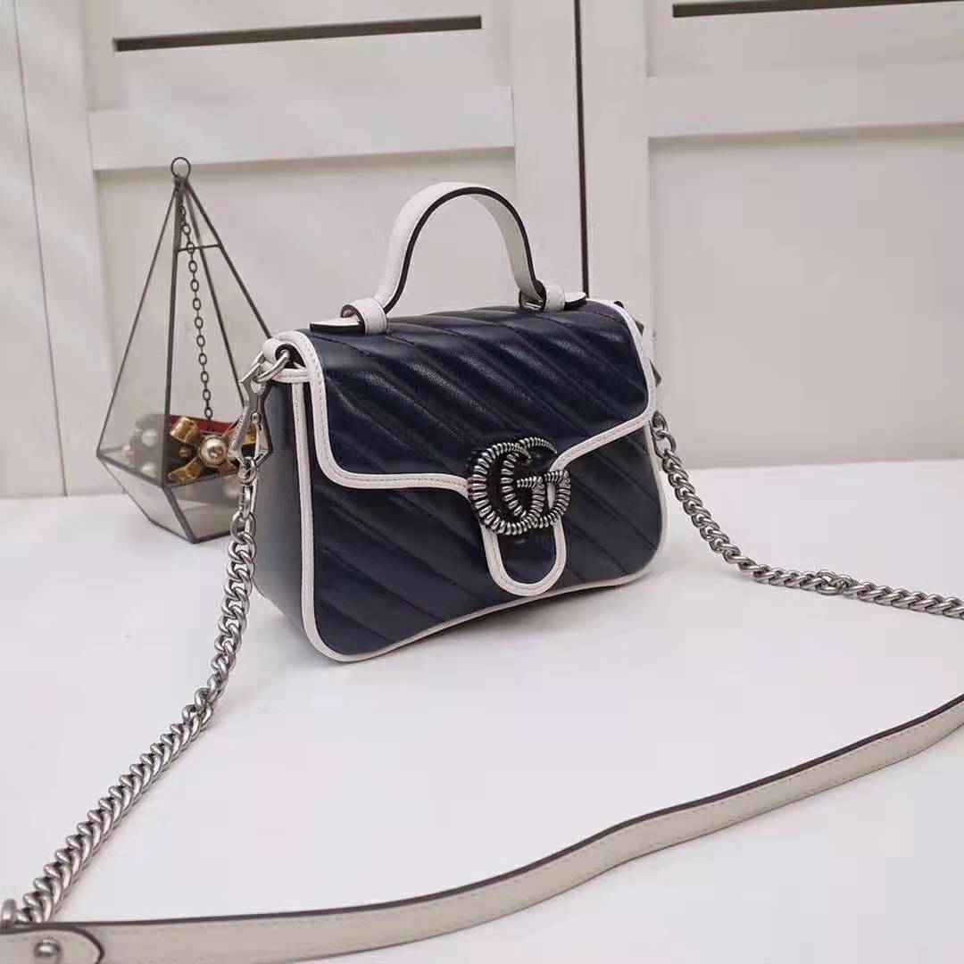 G*u*i gg women gg marmont mini top handle bag in blue diagonal matelassé leather