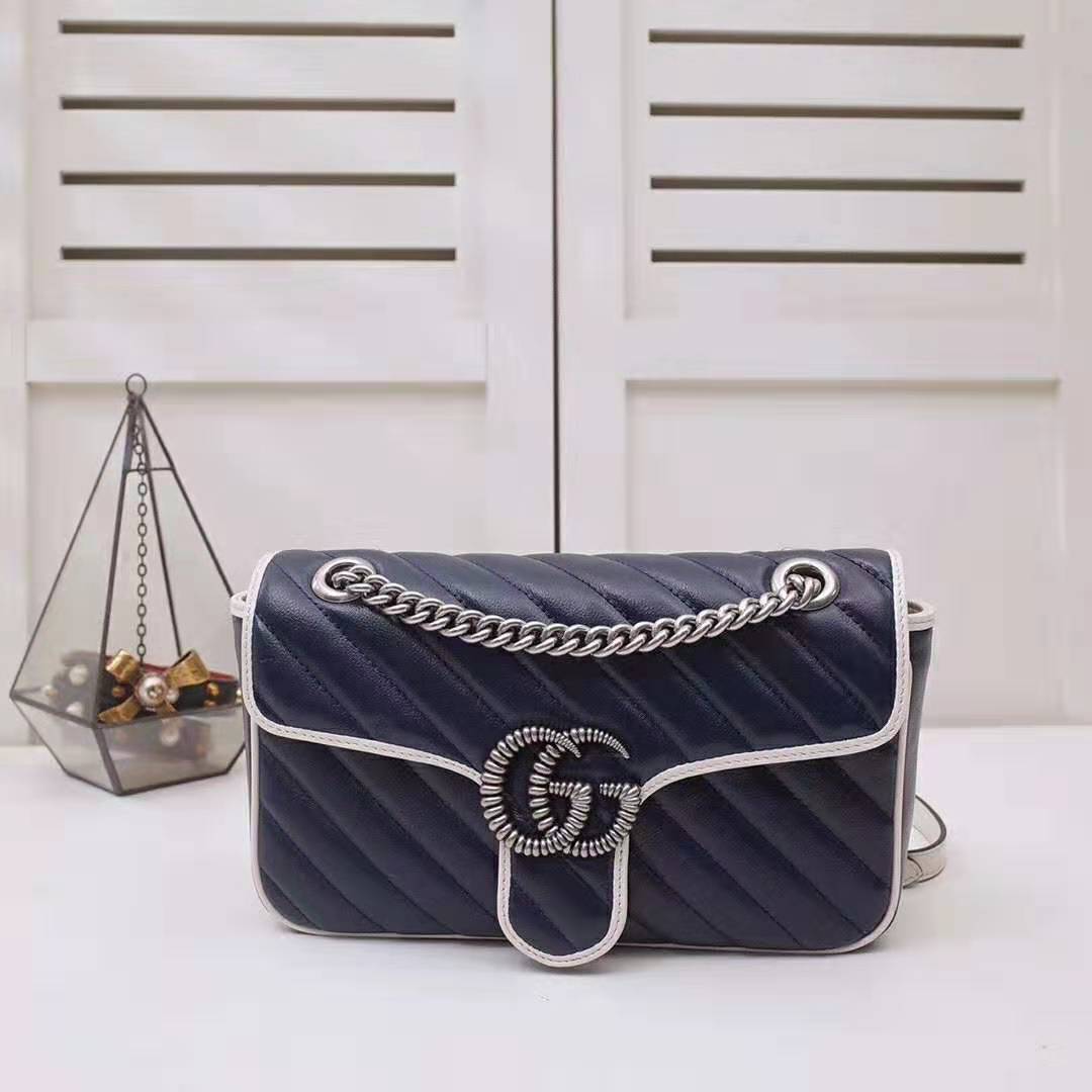G*u*i gg women gg marmont small shoulder bag in blue diagonal matelassé leather