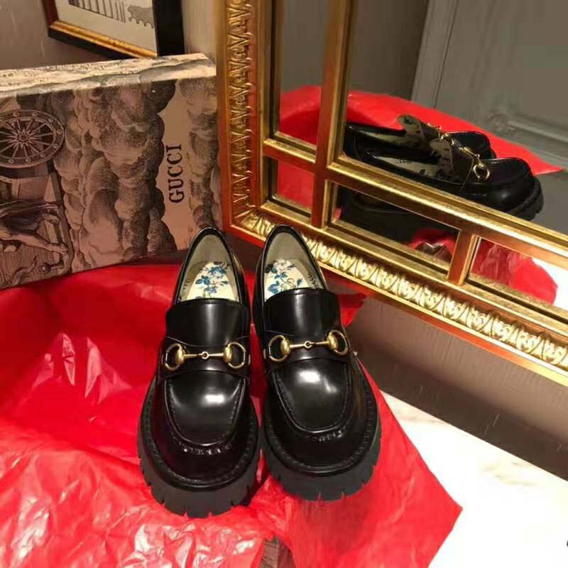 G*u*i men leather lug sole horsebit loafer in black leather 4.6 cm heel