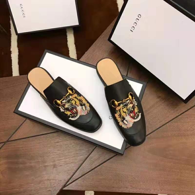 G*u*i men princetown embroidered leather slipper with tiger appliqué 1.27cm heel-black