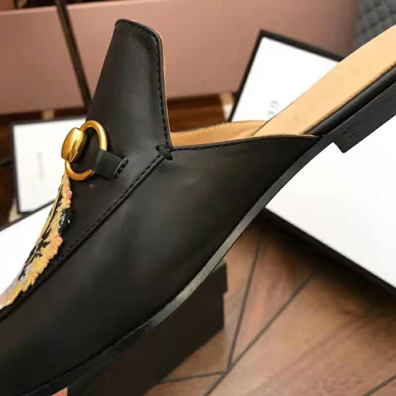 G*u*i men princetown embroidered leather slipper with tiger appliqué 1.27cm heel-black