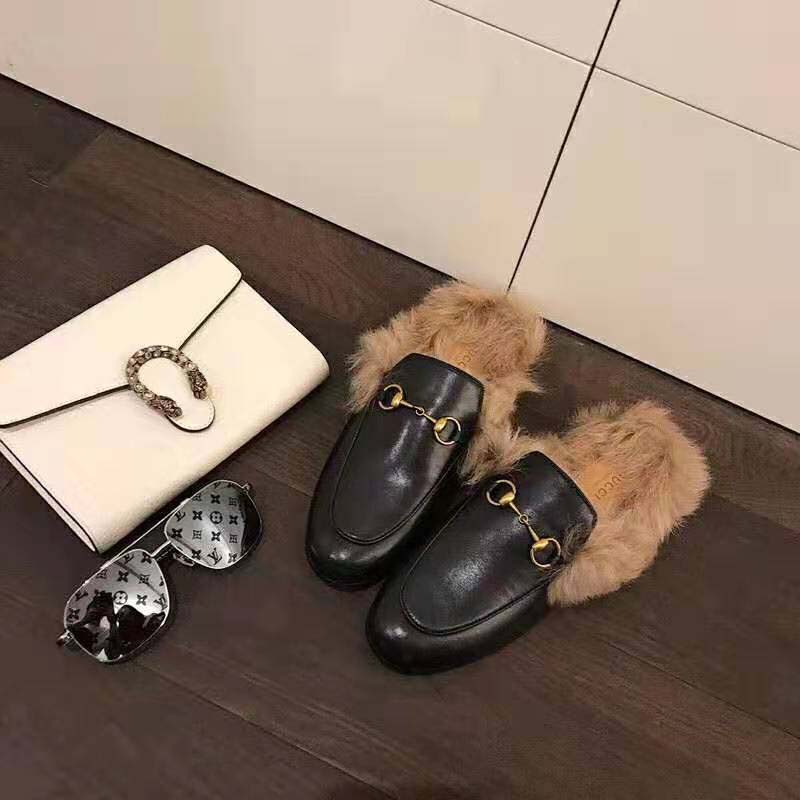 G*u*i men princetown leather slipper with lamb wool-black