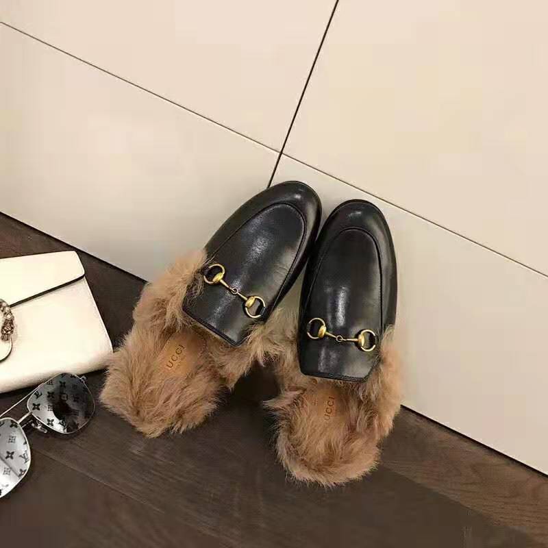 G*u*i men princetown leather slipper with lamb wool-black