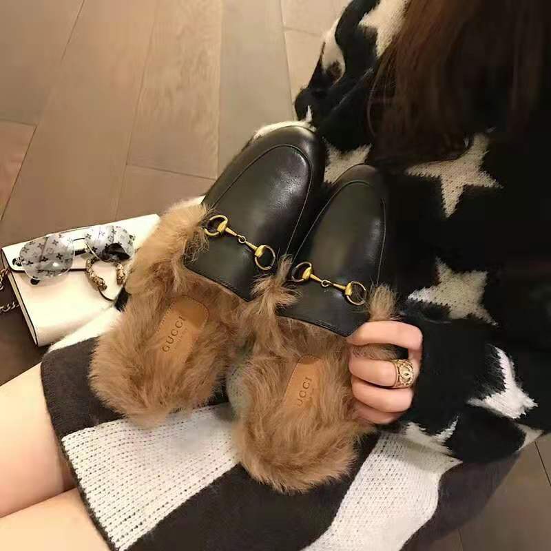 G*u*i men princetown leather slipper with lamb wool-black