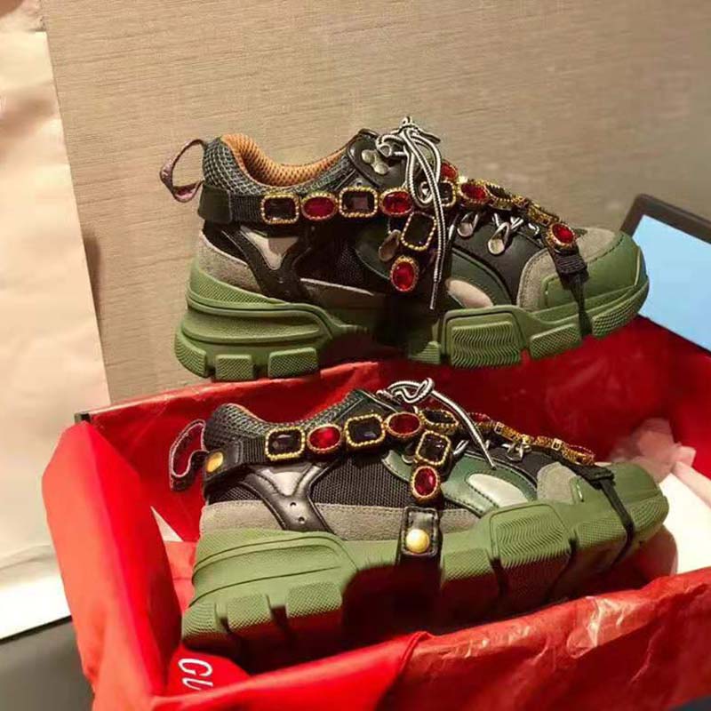 G*u*i unisex flashtrek sneaker in green and black leather 5.6 cm heel