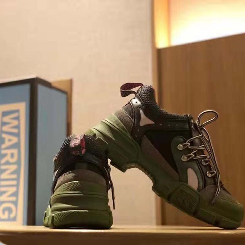 G*u*i unisex flashtrek sneaker in green and black leather 5.6 cm heel