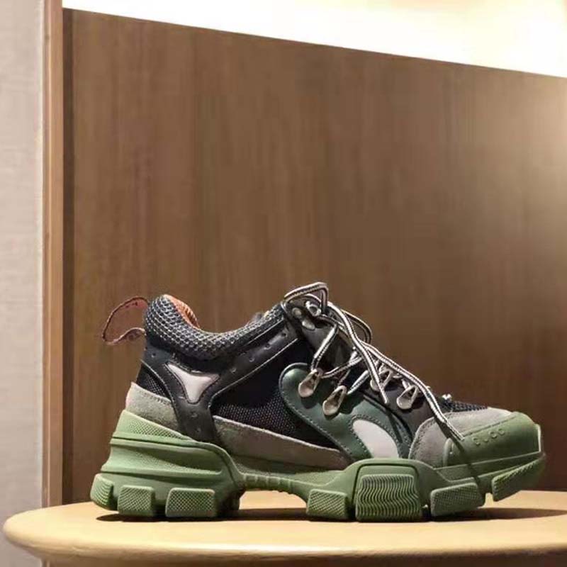 G*u*i unisex flashtrek sneaker in green and black leather 5.6 cm heel