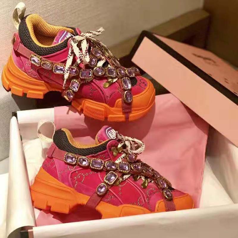 G*u*i unisex flashtrek sneaker with crystals in gg velvet with leather 5.6 cm heel-pink