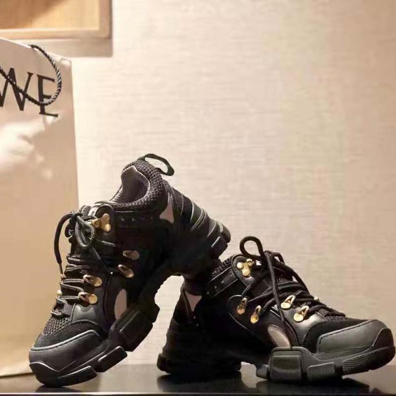 G*u*i unisex flashtrek sneaker with removable crystals in black leather 5.6 cm heel