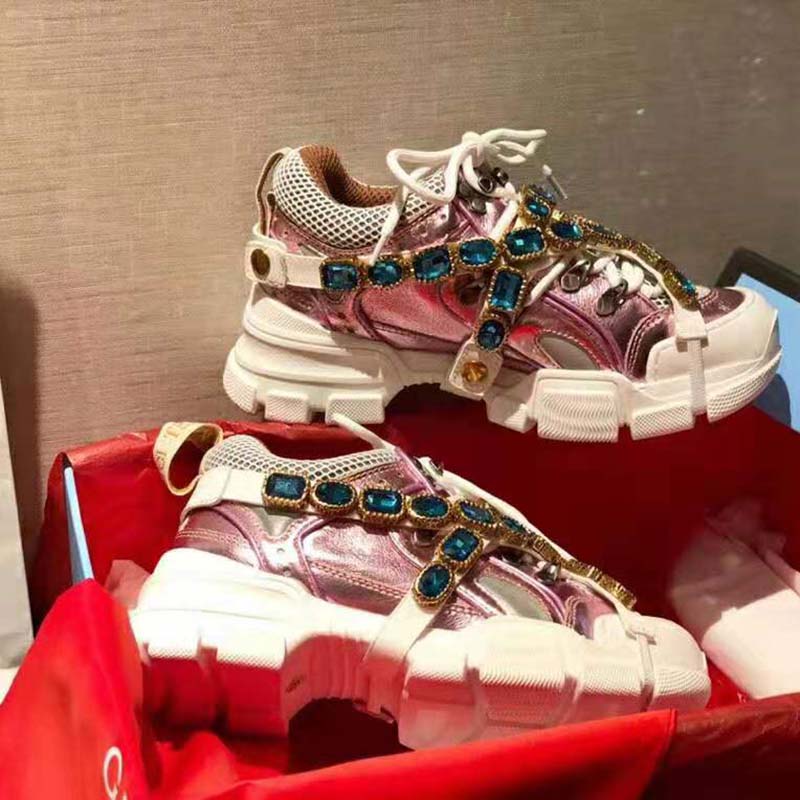 G*u*i unisex flashtrek sneaker with removable crystals in pink metallic leather 5.6 cm heel
