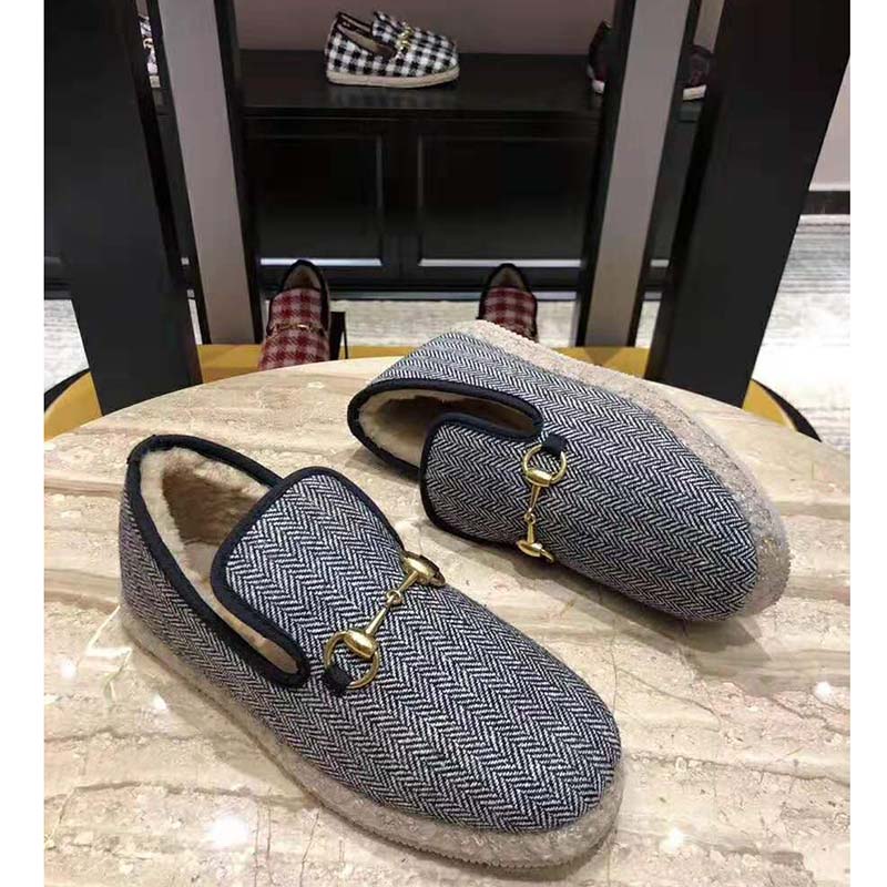 G*u*i unisex gg herringbone loafer in blue and white herringbone