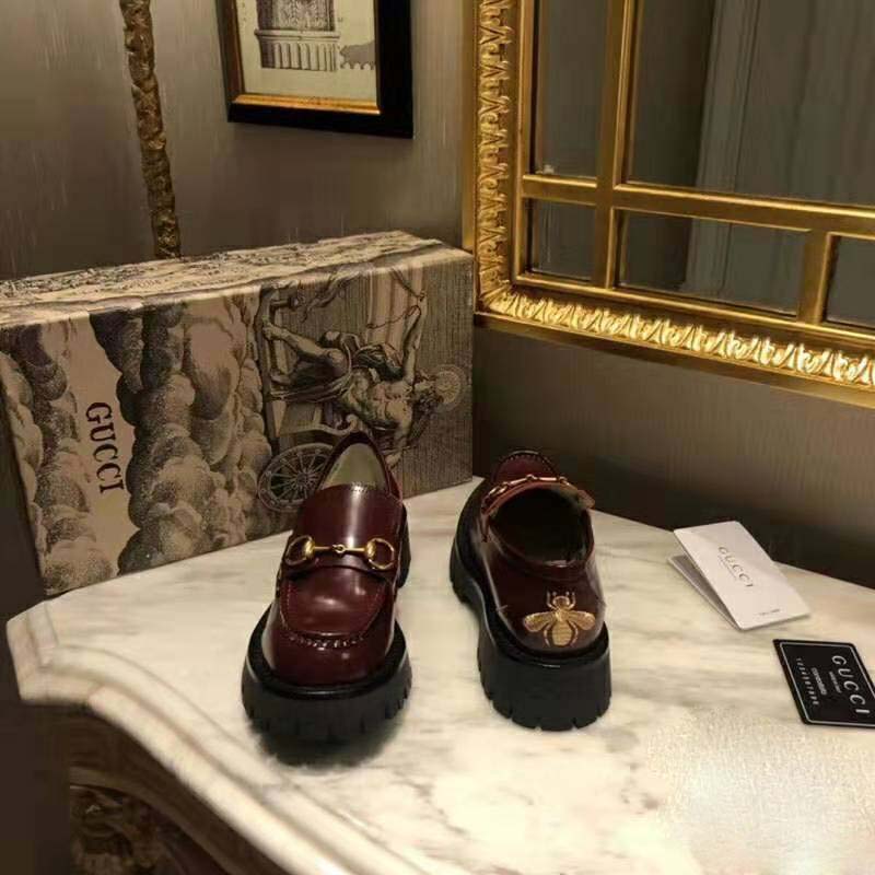 G*u*i unisex leather lug sole horsebit loafer in bordeaux leather 4.6 cm heel