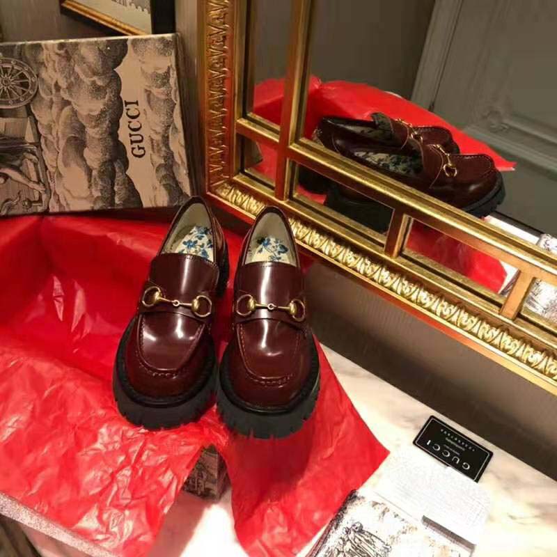 G*u*i unisex leather lug sole horsebit loafer in bordeaux leather 4.6 cm heel