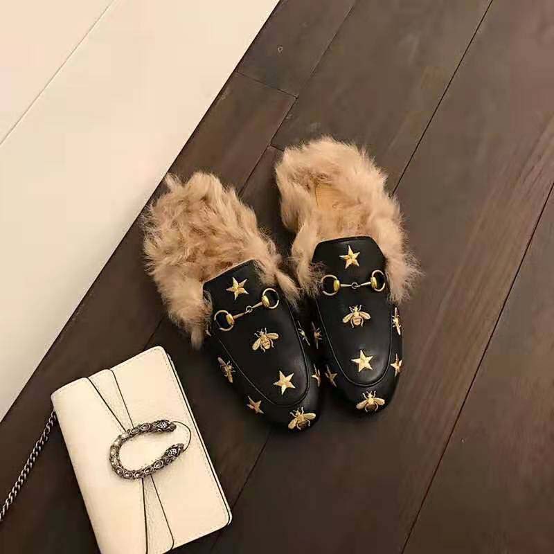 G*u*i unisex princetown embroidered leather slipper with bees and stars in lamb wool-black