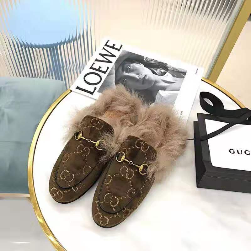 G*u*i unisex princetown gg velvet slipper in lamb wool-brown