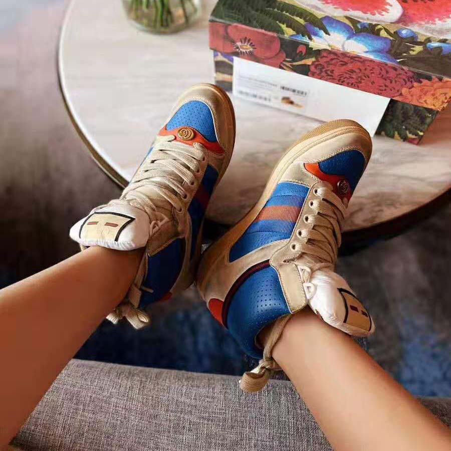 G*u*i unisex screener gg high-top sneaker in blue perforated and off-white leather