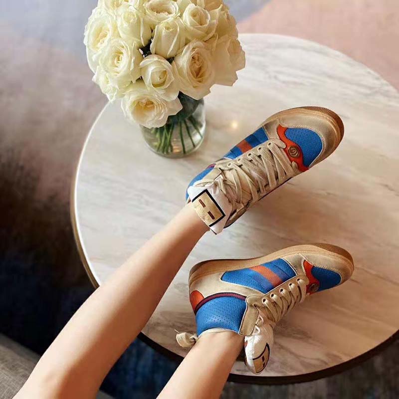 G*u*i unisex screener gg high-top sneaker in blue perforated and off-white leather