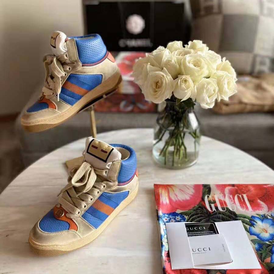 G*u*i unisex screener gg high-top sneaker in blue perforated and off-white leather