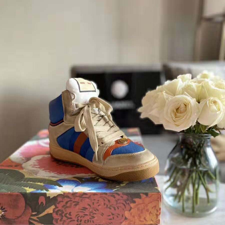 G*u*i unisex screener gg high-top sneaker in blue perforated and off-white leather
