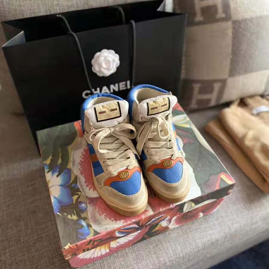 G*u*i unisex screener gg high-top sneaker in blue perforated and off-white leather