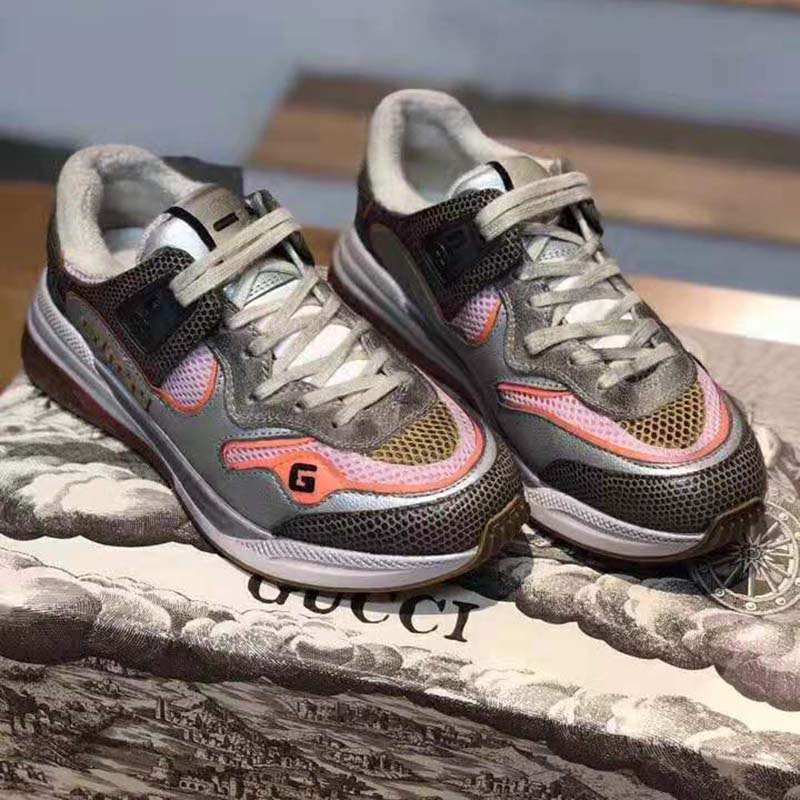 G*u*i unisex ultrapace sneaker with embroidered G*u*i and interlocking g in metallic leather-grey
