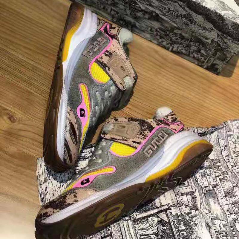 G*u*i unisex ultrapace sneaker with embroidered G*u*i and interlocking g in metallic leather-pink