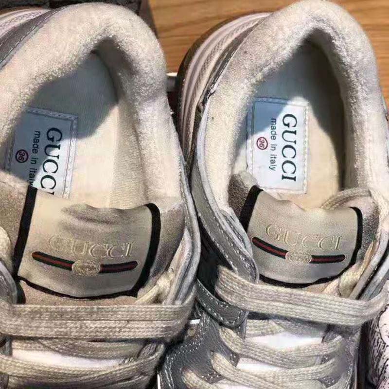 G*u*i unisex ultrapace sneaker with embroidered G*u*i and interlocking g in metallic leather-silver