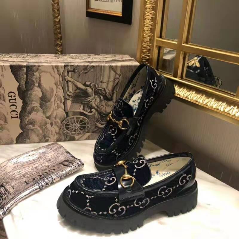 G*u*i women gg velvet lug sole loafer in gg velvet 2.5 cm heel-navy