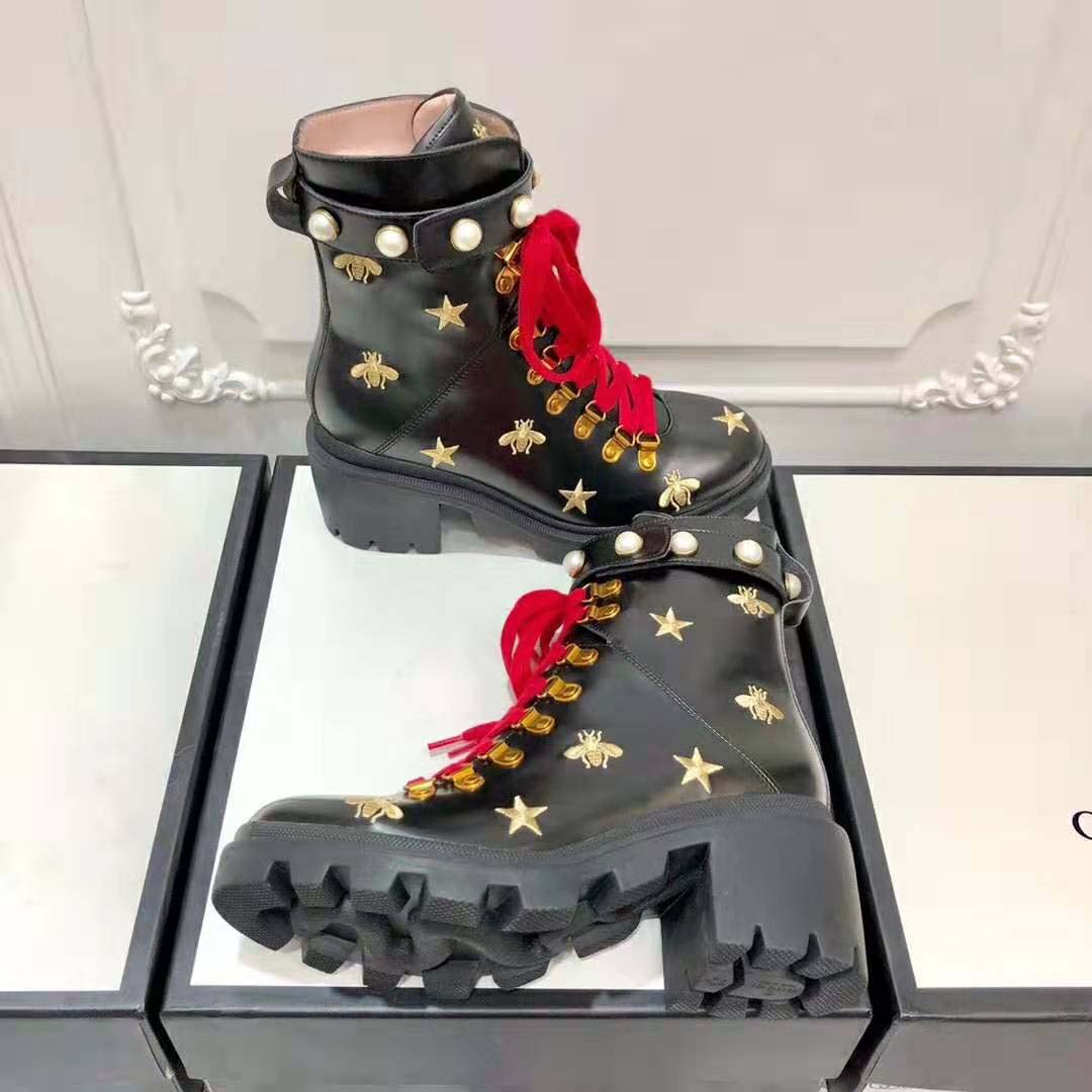 G*u*i women G*u*i leather embroidered ankle boot in black leather 8.9 cm-red