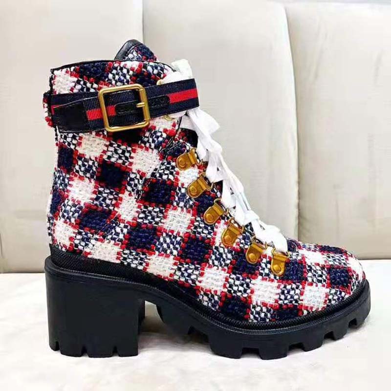 G*u*i women G*u*i zumi gg check tweed ankle boot in blue white and red